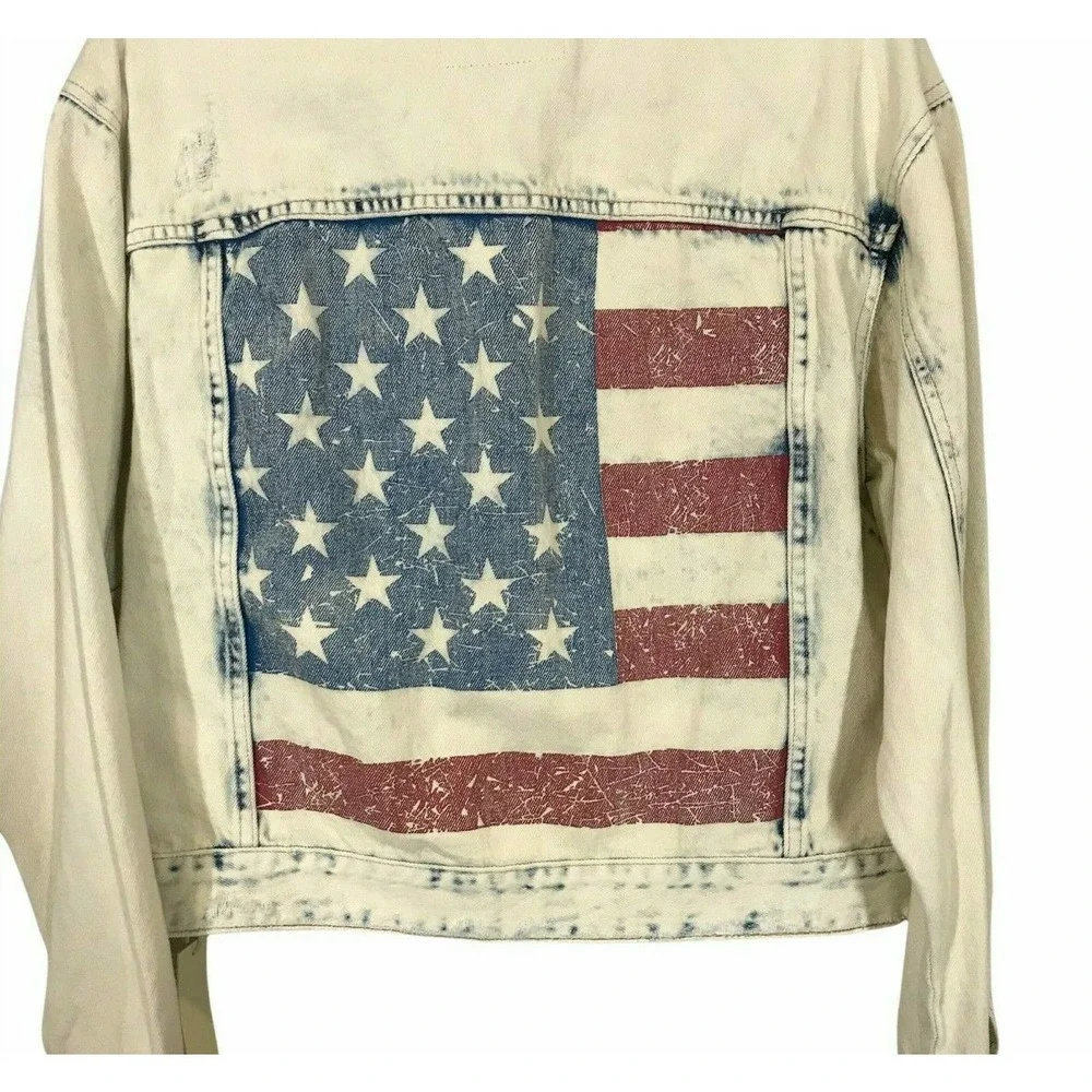 Blank NYC American Flag Red White Blue Distressed Button Denim Jacket Sz Small - Picture 8 of 12